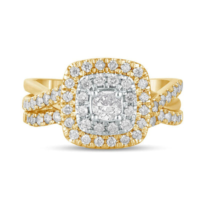 1.0 CT. T.W. Natural Diamond Double Cushion-Shaped Frame Crossover Bridal Engagement Ring Set in Solid 10K Yellow Gold