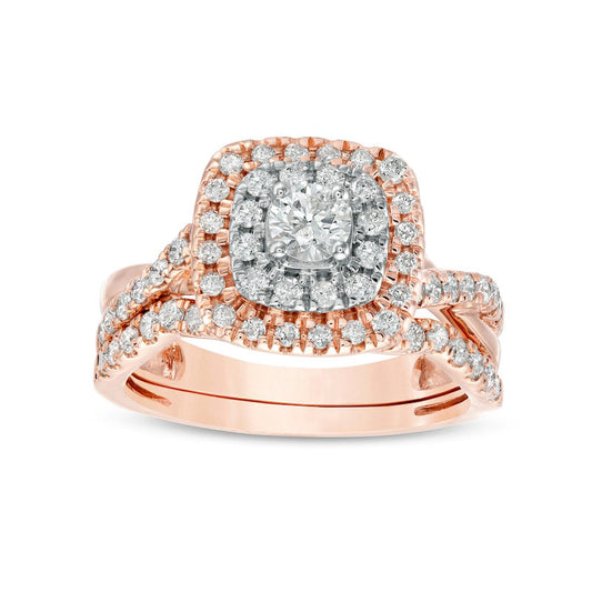 1.0 CT. T.W. Natural Diamond Double Cushion-Shaped Frame Crossover Bridal Engagement Ring Set in Solid 10K Rose Gold
