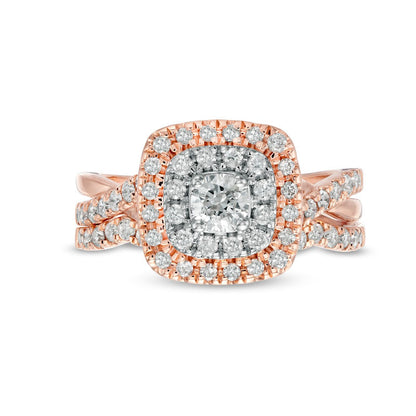 1.0 CT. T.W. Natural Diamond Double Cushion-Shaped Frame Crossover Bridal Engagement Ring Set in Solid 10K Rose Gold