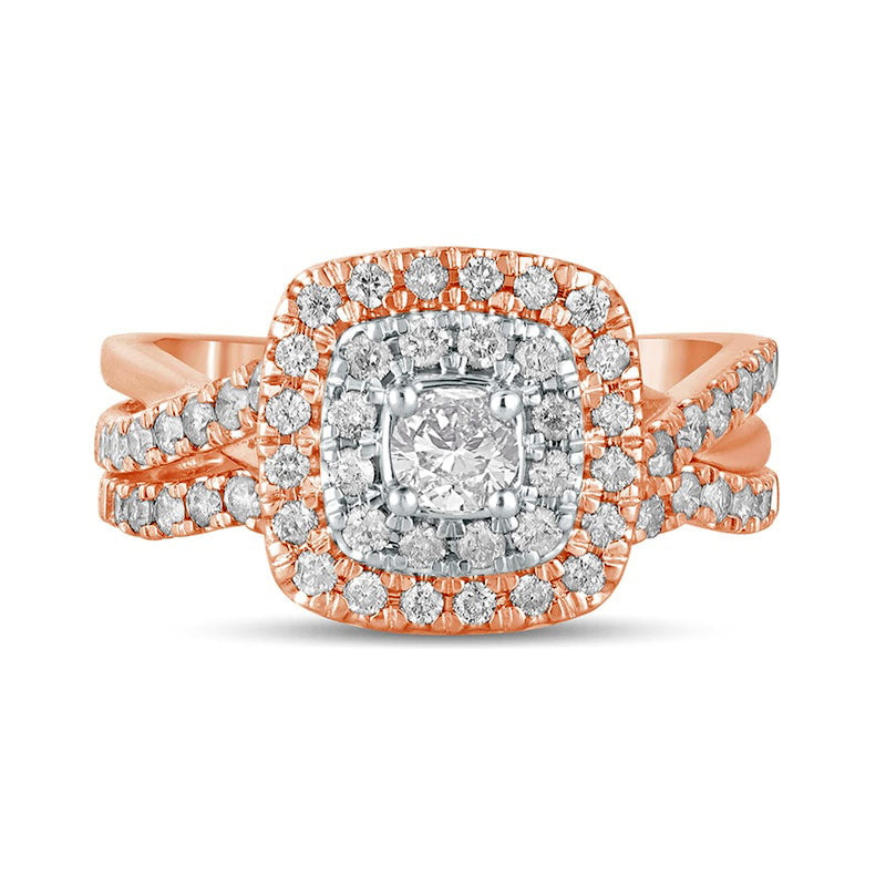 1.0 CT. T.W. Natural Diamond Double Cushion-Shaped Frame Crossover Bridal Engagement Ring Set in Solid 10K Rose Gold