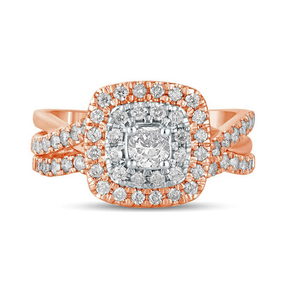 1.0 CT. T.W. Natural Diamond Double Cushion-Shaped Frame Crossover Bridal Engagement Ring Set in Solid 10K Rose Gold