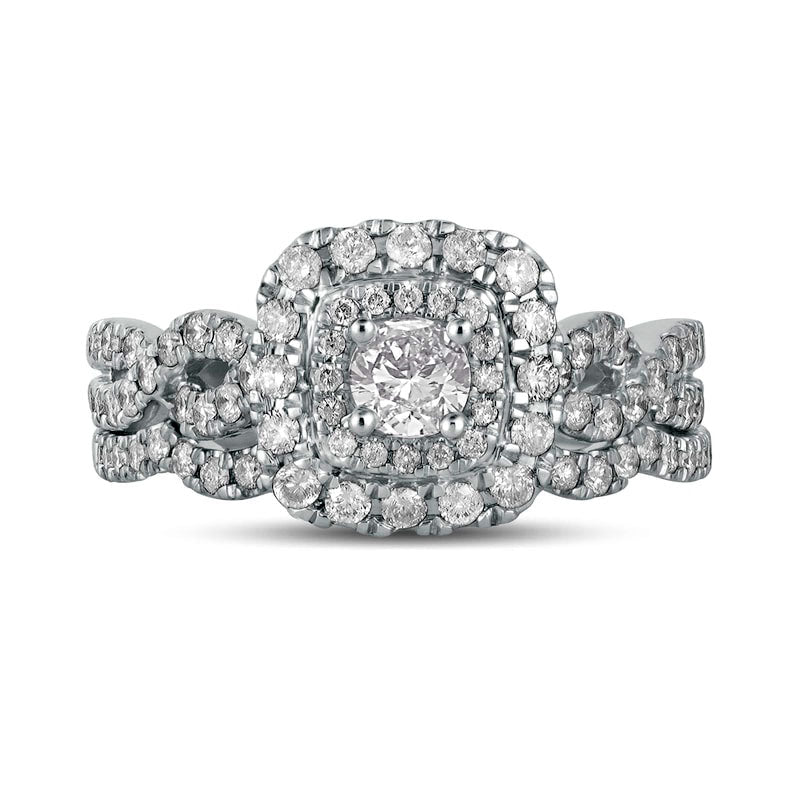 1.0 CT. T.W. Natural Diamond Double Cushion-Shaped Frame Twist Shank Bridal Engagement Ring Set in Solid 10K White Gold