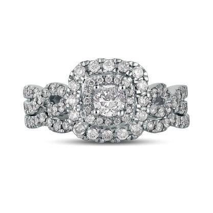 1.0 CT. T.W. Natural Diamond Double Cushion-Shaped Frame Twist Shank Bridal Engagement Ring Set in Solid 10K White Gold