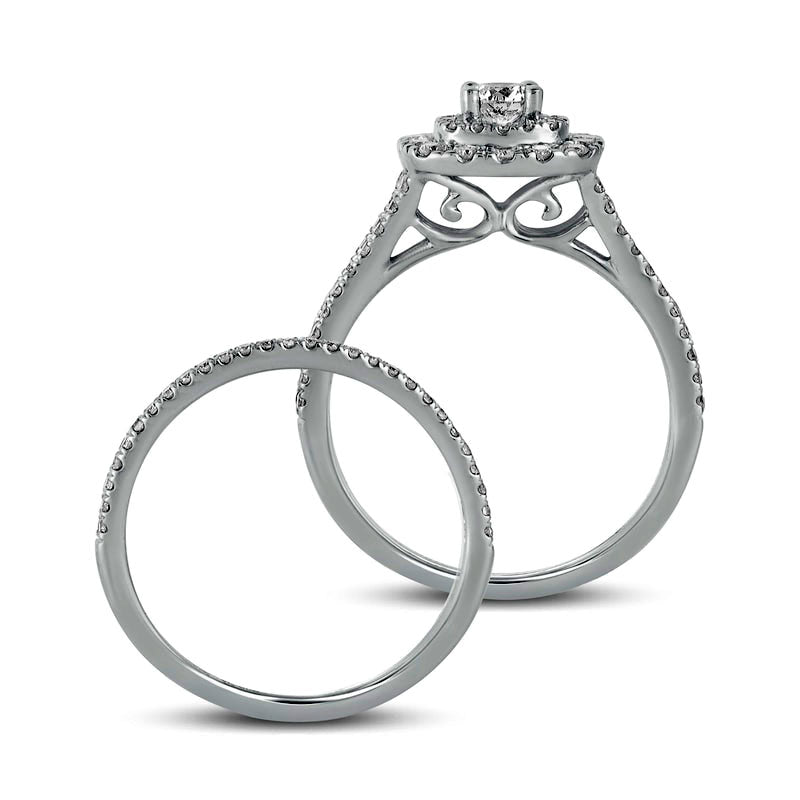 1.0 CT. T.W. Natural Diamond Double Cushion-Shaped Frame Multi-Row Bridal Engagement Ring Set in Solid 10K White Gold