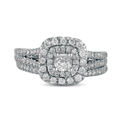 1.0 CT. T.W. Natural Diamond Double Cushion-Shaped Frame Multi-Row Bridal Engagement Ring Set in Solid 10K White Gold
