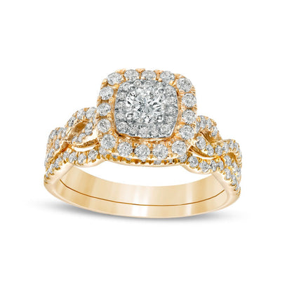 1.0 CT. T.W. Natural Diamond Double Cushion-Shaped Frame Twist Shank Bridal Engagement Ring Set in Solid 10K Yellow Gold