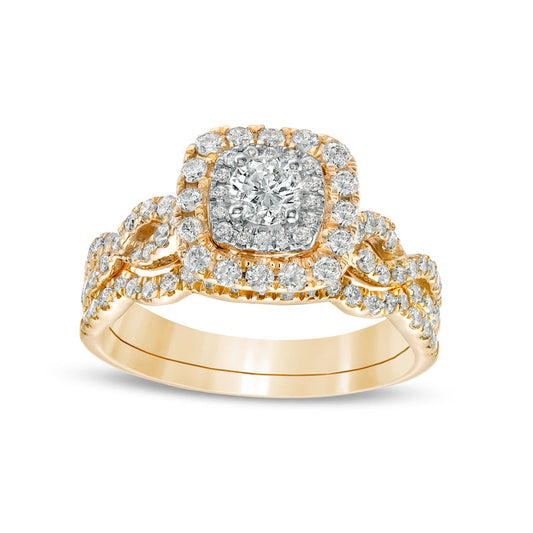 1.0 CT. T.W. Natural Diamond Double Cushion-Shaped Frame Twist Shank Bridal Engagement Ring Set in Solid 10K Yellow Gold