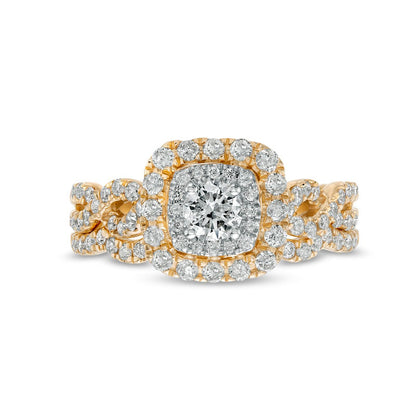 1.0 CT. T.W. Natural Diamond Double Cushion-Shaped Frame Twist Shank Bridal Engagement Ring Set in Solid 10K Yellow Gold