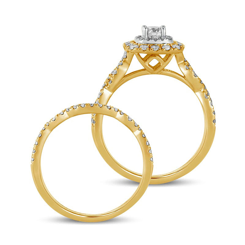 1.0 CT. T.W. Natural Diamond Double Cushion-Shaped Frame Twist Shank Bridal Engagement Ring Set in Solid 10K Yellow Gold