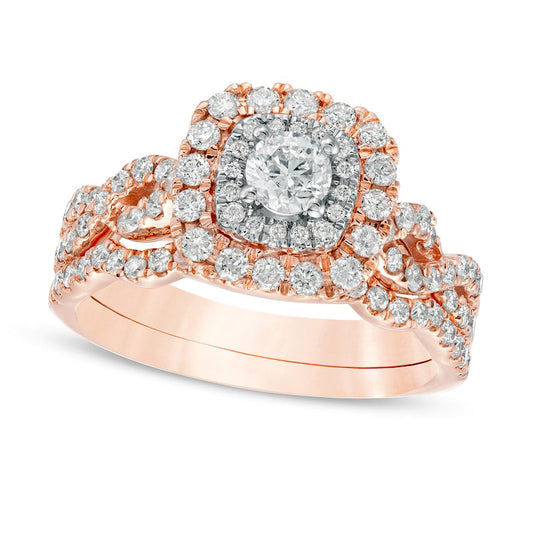 1.0 CT. T.W. Natural Diamond Double Cushion-Shaped Frame Twist Shank Bridal Engagement Ring Set in Solid 10K Rose Gold