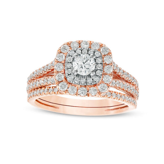 1.0 CT. T.W. Natural Diamond Double Cushion-Shaped Frame Multi-Row Bridal Engagement Ring Set in Solid 10K Rose Gold