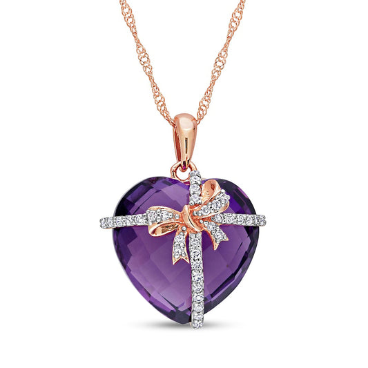 Checkerboard Heart-Shaped Amethyst and 0.13 CT. T.W. Natural Diamond Gift Bow Overlay Pendant in 10K Rose Gold - 17"