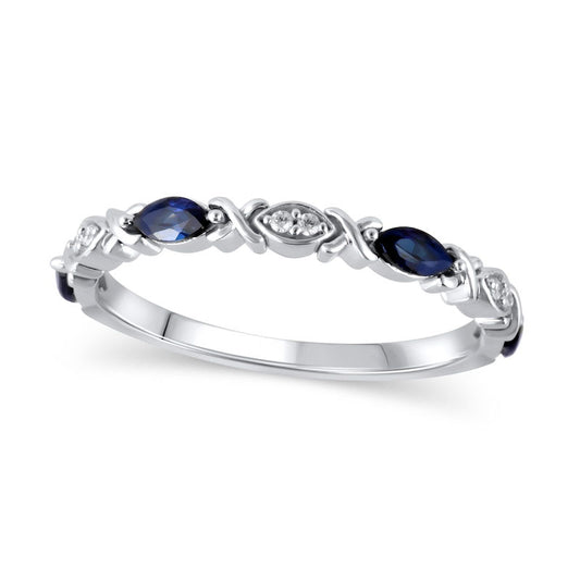 Marquise Blue Sapphire and Natural Diamond Accent Duo Alternating "XO" Stackable Ring in Solid 10K White Gold