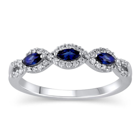 Marquise Blue Sapphire and 0.20 CT. T.W. Natural Diamond Twist Frame Three Stone Split Shank Ring in Solid 10K White Gold