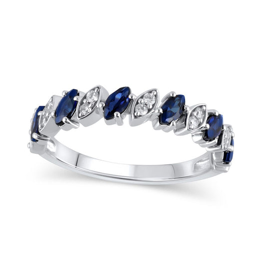 Marquise Blue Sapphire and 0.13 CT. T.W. Natural Diamond Duo Marquise-Shaped Frame Slant Alternating Ring in Solid 10K White Gold