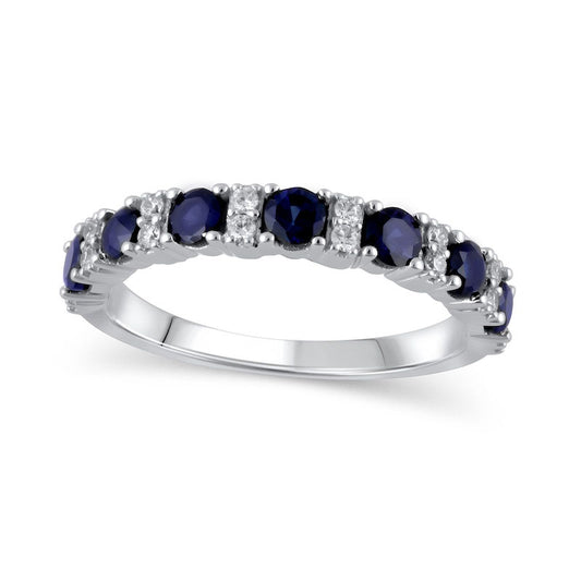 Blue Sapphire and 0.17 CT. T.W. Natural Diamond Stacked Duo Seven Stone Alternating Ring in Solid 10K White Gold