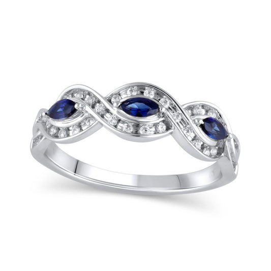 Marquise Blue Sapphire and 0.20 CT. T.W. Natural Diamond Channel-Set Twist Frame Three Stone Split Shank Ring in Solid 10K White Gold