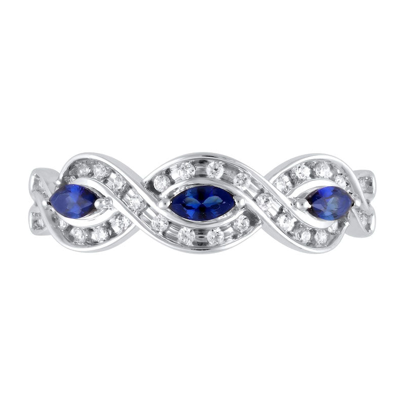 Marquise Blue Sapphire and 0.20 CT. T.W. Natural Diamond Channel-Set Twist Frame Three Stone Split Shank Ring in Solid 10K White Gold