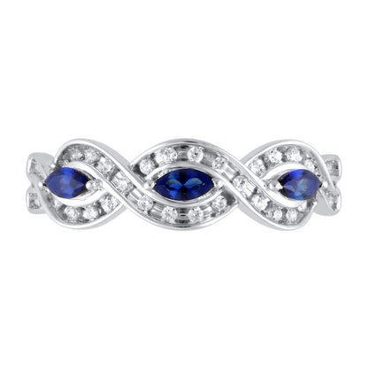 Marquise Blue Sapphire and 0.20 CT. T.W. Natural Diamond Channel-Set Twist Frame Three Stone Split Shank Ring in Solid 10K White Gold