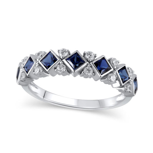 Tilted Princess-Cut Blue Sapphire and 0.20 CT. T.W. Natural Diamond Duo Accent Ring in Solid 10K White Gold