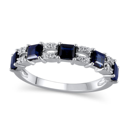 Princess-Cut Blue Sapphire and 0.10 CT. T.W. Natural Diamond Split Duo Five Stone Alternating Ring in Solid 10K White Gold