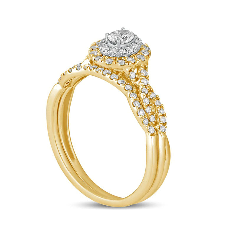 0.50 CT. T.W. Oval Natural Diamond Double Frame Multi-Row Bridal Engagement Ring Set in Solid 10K Yellow Gold