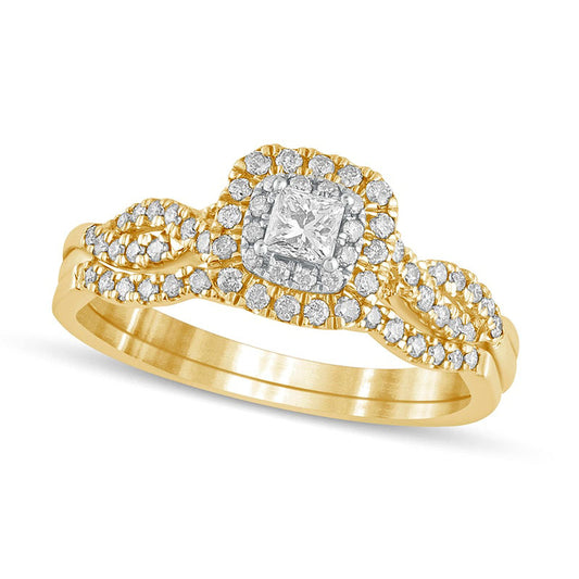 0.50 CT. T.W. Princess-Cut Natural Diamond Double Cushion-Shaped Frame Multi-Row Bridal Engagement Ring Set in Solid 10K Yellow Gold