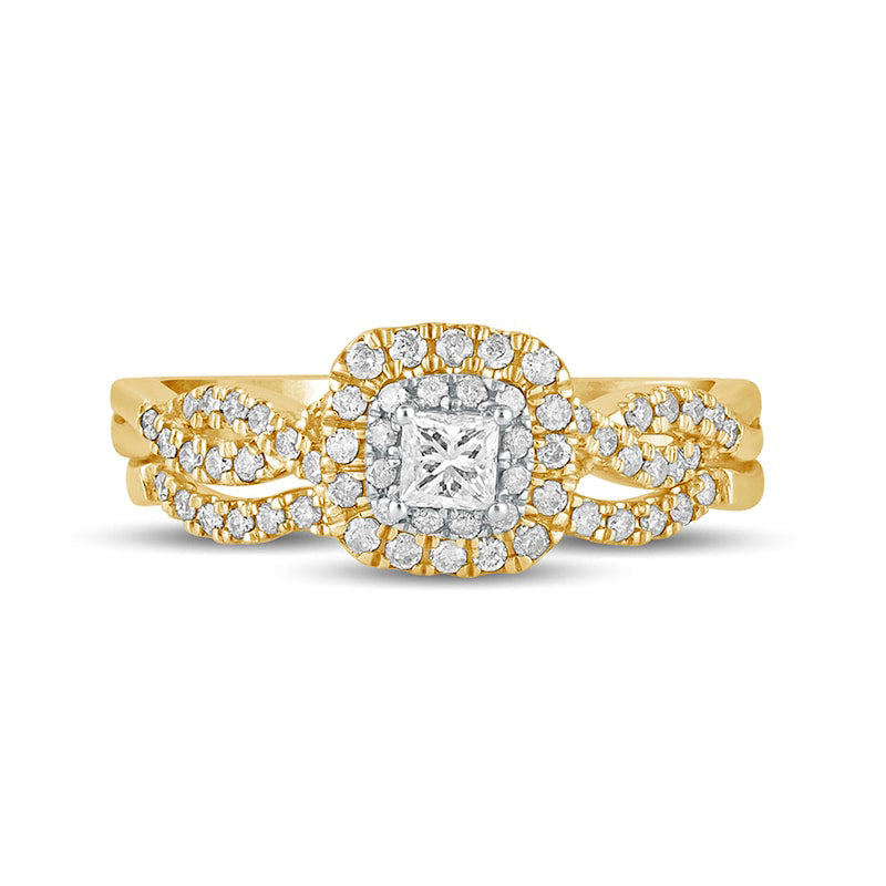 0.50 CT. T.W. Princess-Cut Natural Diamond Double Cushion-Shaped Frame Multi-Row Bridal Engagement Ring Set in Solid 10K Yellow Gold