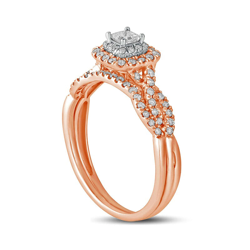 0.50 CT. T.W. Princess-Cut Natural Diamond Double Cushion-Shaped Frame Multi-Row Bridal Engagement Ring Set in Solid 10K Rose Gold
