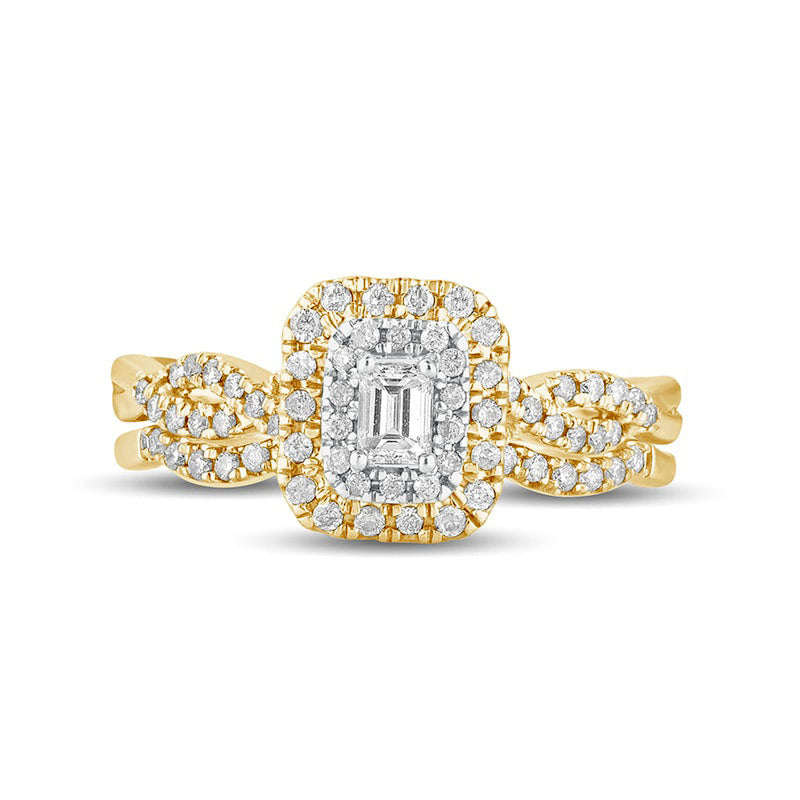 0.50 CT. T.W. Emerald-Cut Natural Diamond Double Frame Multi-Row Bridal Engagement Ring Set in Solid 10K Yellow Gold