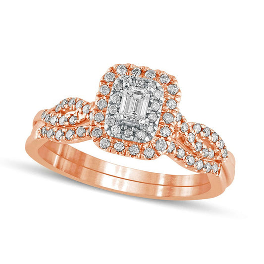 0.50 CT. T.W. Emerald-Cut Natural Diamond Double Frame Multi-Row Bridal Engagement Ring Set in Solid 10K Rose Gold