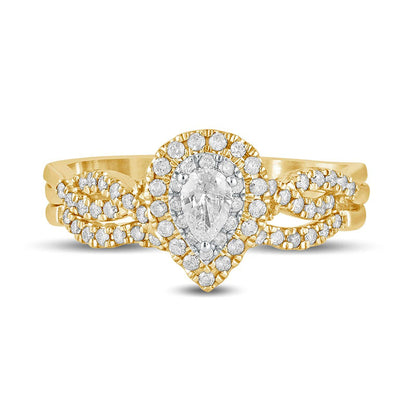 0.50 CT. T.W. Pear-Shaped Natural Diamond Double Frame Multi-Row Bridal Engagement Ring Set in Solid 10K Yellow Gold