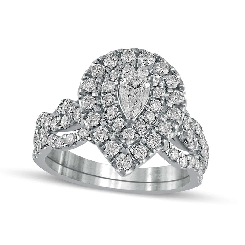 1.5 CT. T.W. Pear-Shaped Natural Diamond Double Frame Multi-Row Bridal Engagement Ring Set in Solid 10K White Gold
