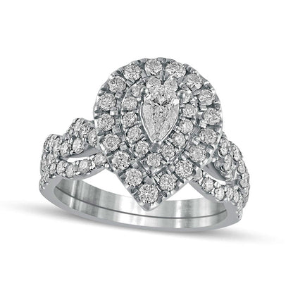 1.5 CT. T.W. Pear-Shaped Natural Diamond Double Frame Multi-Row Bridal Engagement Ring Set in Solid 10K White Gold