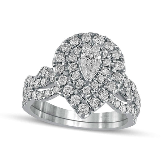 1.5 CT. T.W. Pear-Shaped Natural Diamond Double Frame Multi-Row Bridal Engagement Ring Set in Solid 10K White Gold