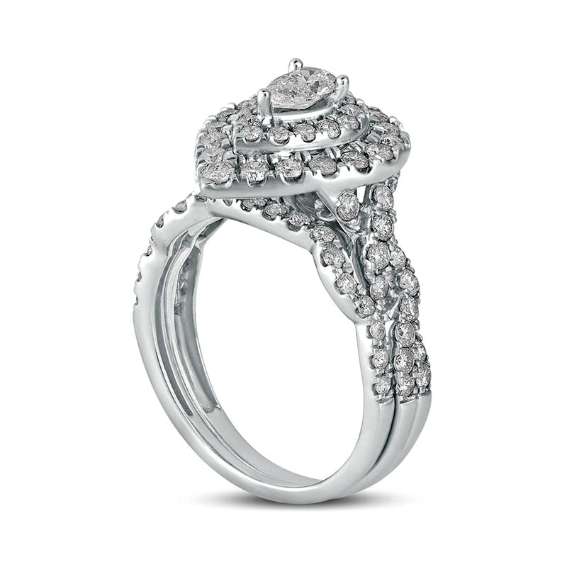1.5 CT. T.W. Pear-Shaped Natural Diamond Double Frame Multi-Row Bridal Engagement Ring Set in Solid 10K White Gold