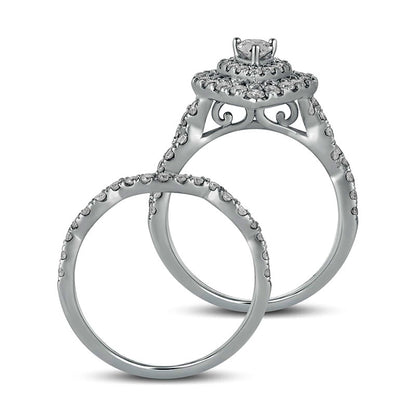 1.5 CT. T.W. Pear-Shaped Natural Diamond Double Frame Multi-Row Bridal Engagement Ring Set in Solid 10K White Gold