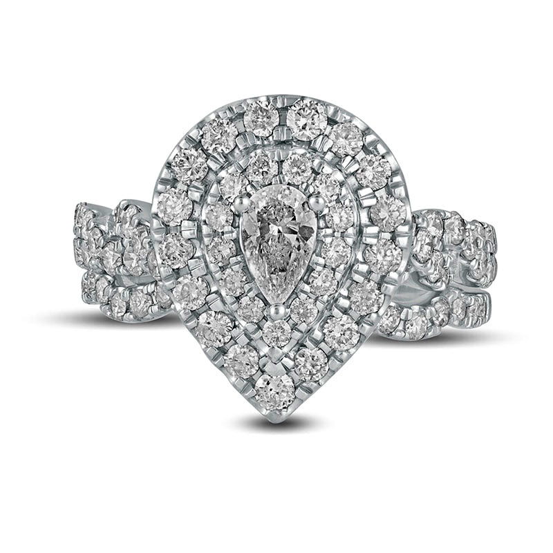 1.5 CT. T.W. Pear-Shaped Natural Diamond Double Frame Multi-Row Bridal Engagement Ring Set in Solid 10K White Gold