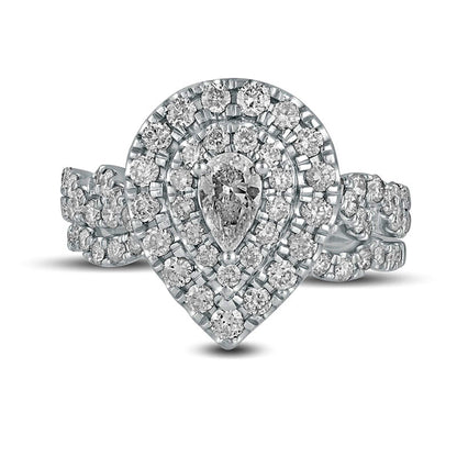 1.5 CT. T.W. Pear-Shaped Natural Diamond Double Frame Multi-Row Bridal Engagement Ring Set in Solid 10K White Gold