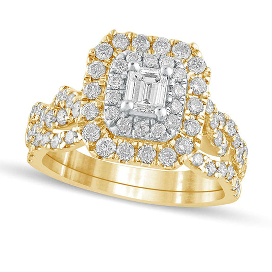1.5 CT. T.W. Emerald-Cut Natural Diamond Double Frame Multi-Row Bridal Engagement Ring Set in Solid 10K Yellow Gold