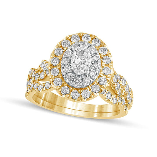 1.5 CT. T.W. Oval Natural Diamond Double Frame Multi-Row Bridal Engagement Ring Set in Solid 10K Yellow Gold