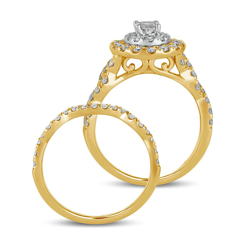 1.5 CT. T.W. Oval Natural Diamond Double Frame Multi-Row Bridal Engagement Ring Set in Solid 10K Yellow Gold