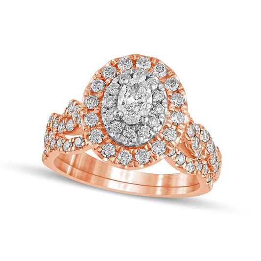1.5 CT. T.W. Oval Natural Diamond Double Frame Multi-Row Bridal Engagement Ring Set in Solid 10K Rose Gold