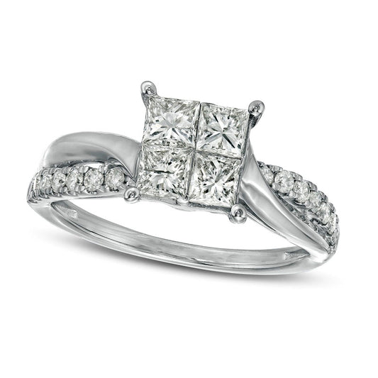 1.0 CT. T.W. Princess-Cut Quad Natural Diamond Twist Shank Engagement Ring in Solid 14K White Gold