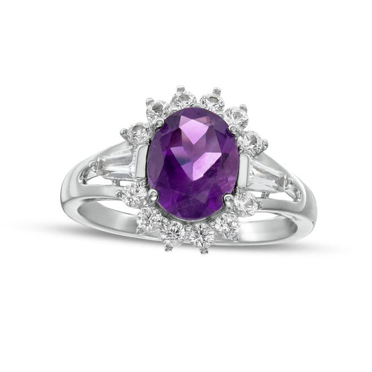 Oval Amethyst and White Lab-Created Sapphire Starburst Frame Split Shank Ring in Sterling Silver