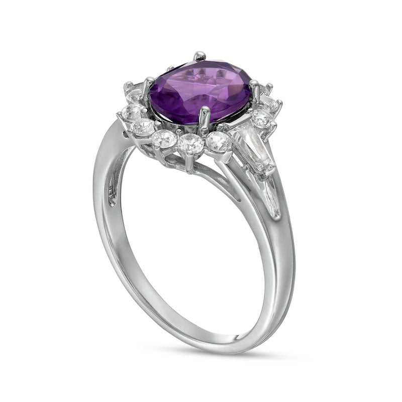 Oval Amethyst and White Lab-Created Sapphire Starburst Frame Split Shank Ring in Sterling Silver