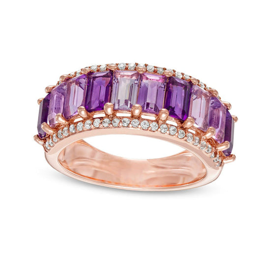 Baguette Purple Amethyst, Pink Quartz and White Lab-Created Sapphire Border Ring in Solid 18K Rose Gold Over Silver