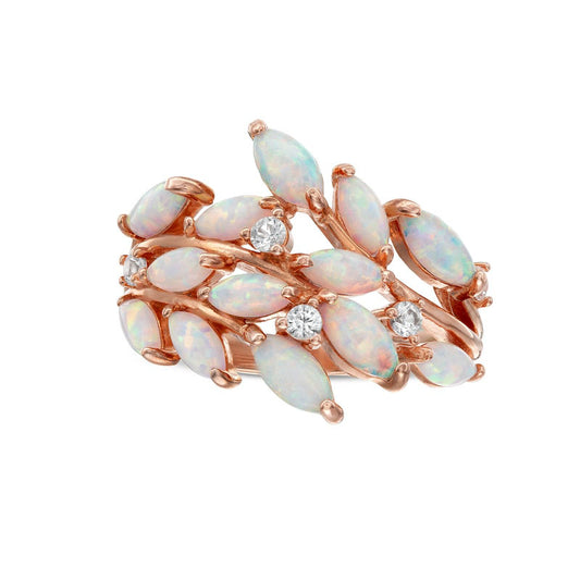 Marquise Lab-Created Opal and White Lab-Created Sapphire Leaf Vine Bypass Ring in Solid 18K Rose Gold Over Silver