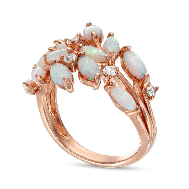 Marquise Lab-Created Opal and White Lab-Created Sapphire Leaf Vine Bypass Ring in Solid 18K Rose Gold Over Silver