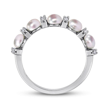 3.5-4.0mm Button Cultured Freshwater Pearl and White Topaz Duo Five Stone Alternating Stackable Band in Sterling Silver
